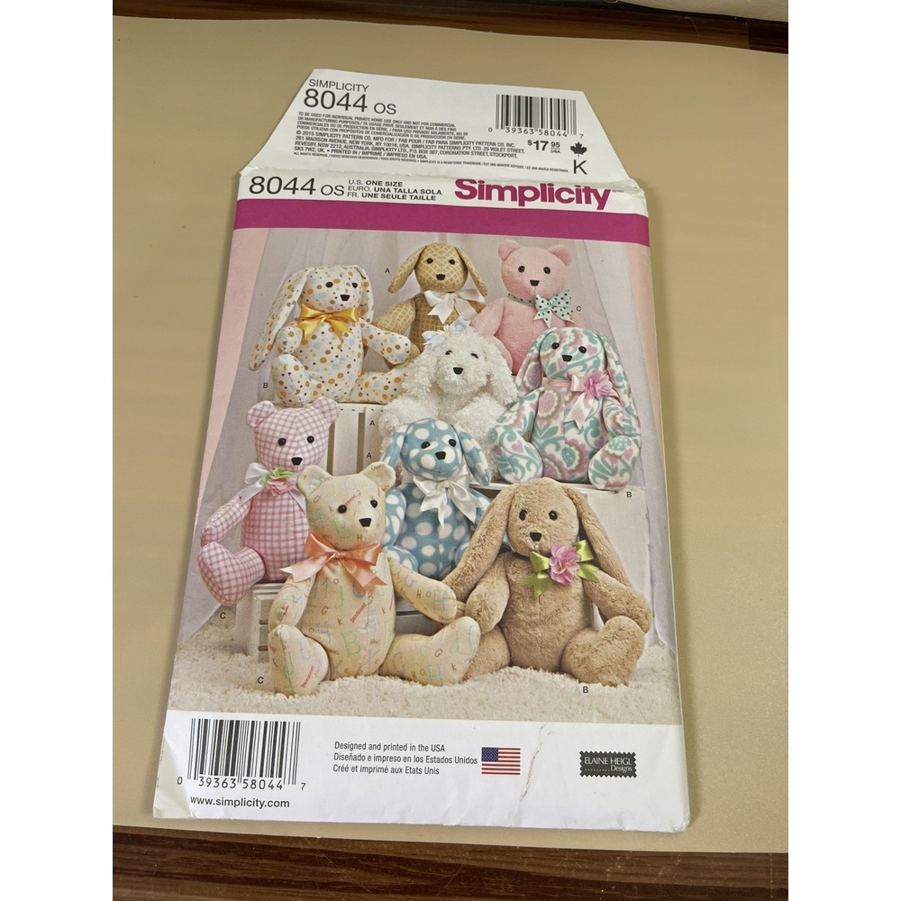 Simplicity 8044 Sewing Pattern Stuffed Animal Toys Dog Bear Rabbit - Uncut
